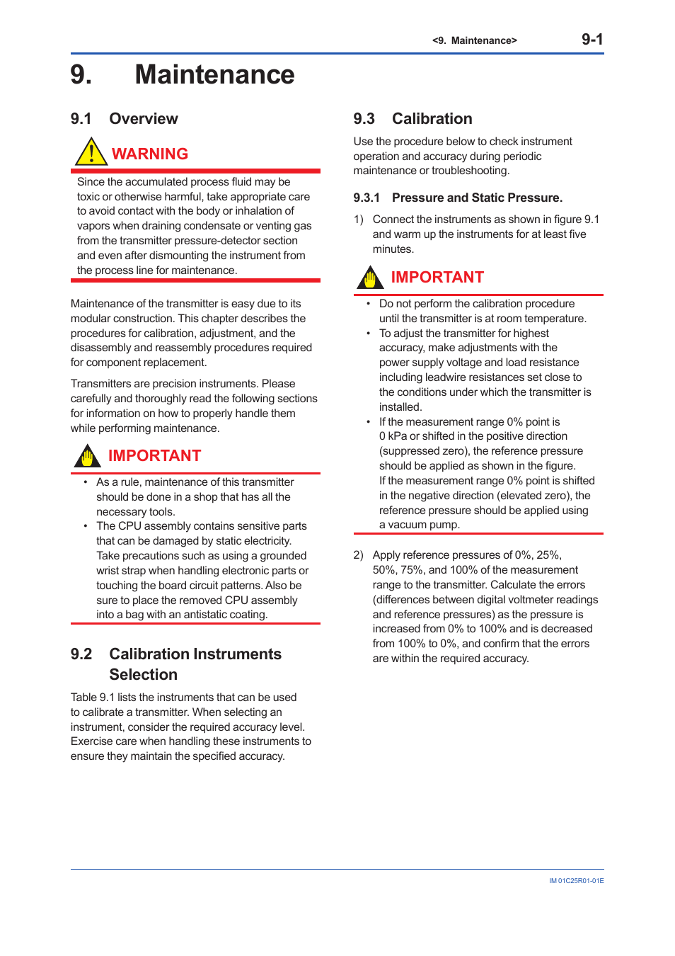 Maintenance, 1 overview, 2 calibration instruments selection | 3 calibration, 1 pressure and static pressure, Maintenance -1, Overview -1, Calibration instruments selection -1, Calibration -1 9.3.1, Pressure and static pressure -1 | Yokogawa EJX930A User Manual | Page 53 / 83