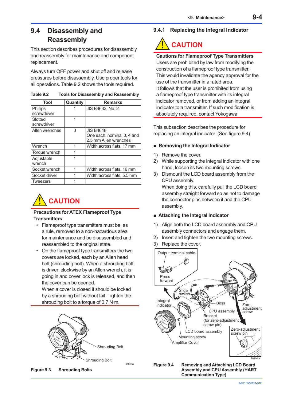 4 disassembly and reassembly, 1 replacing the integral indicator, Disassembly and reassembly -4 9.4.1 | Replacing the integral indicator -4, Caution | Yokogawa EJX930A User Manual | Page 56 / 83