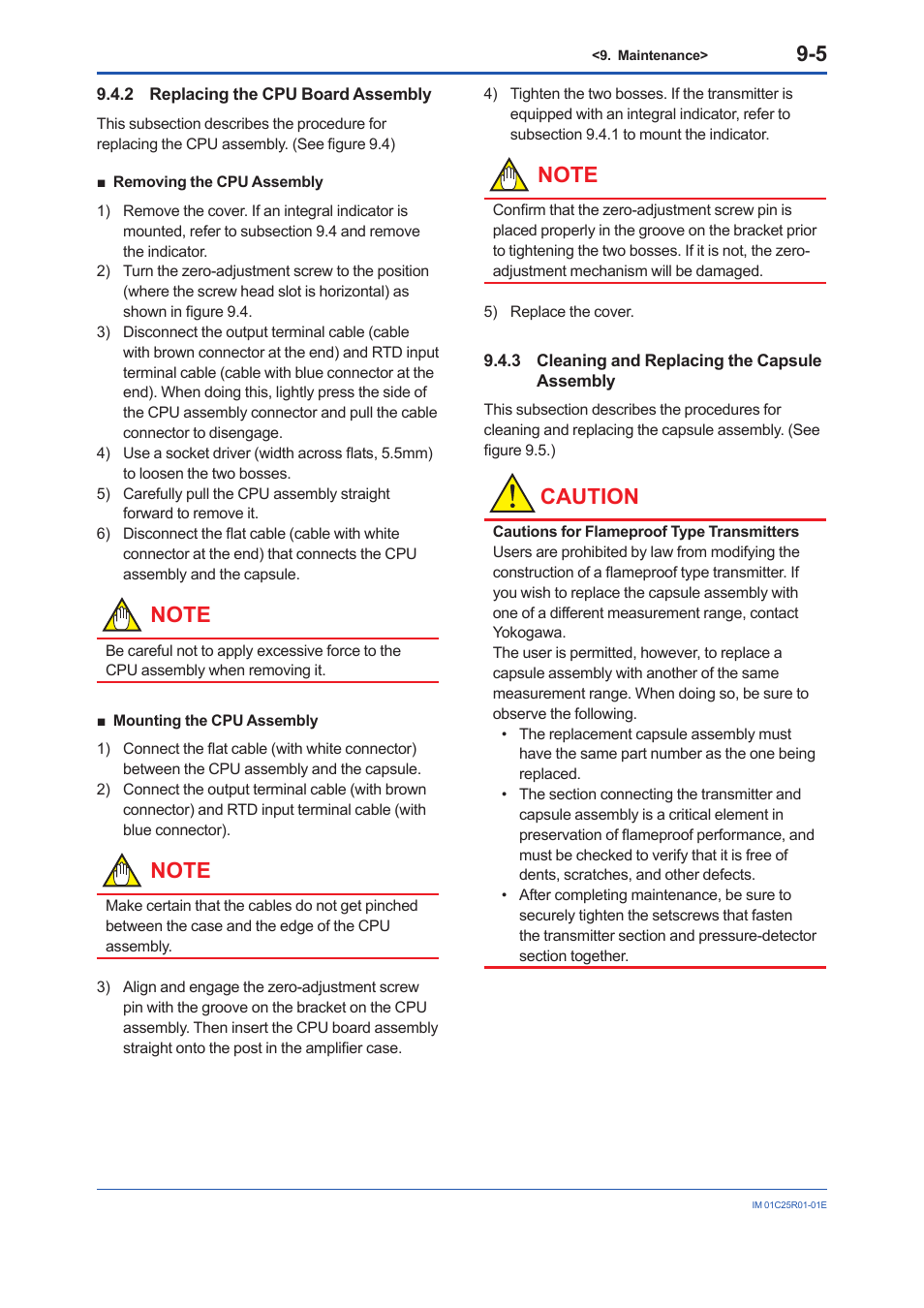 2 replacing the cpu board assembly, 3 cleaning and replacing the capsule assembly, Replacing the cpu board assembly -5 | Cleaning and replacing the capsule assembly -5, Caution | Yokogawa EJX930A User Manual | Page 57 / 83