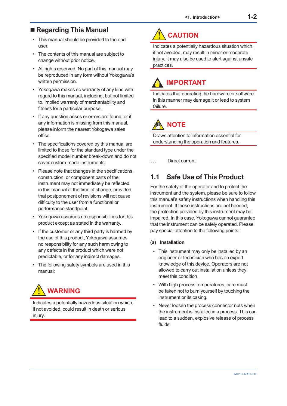 Regarding this manual, 1 safe use of this product, Regarding this manual -2 | Safe use of this product -2, Warning, Caution, Important | Yokogawa EJX930A User Manual | Page 6 / 83
