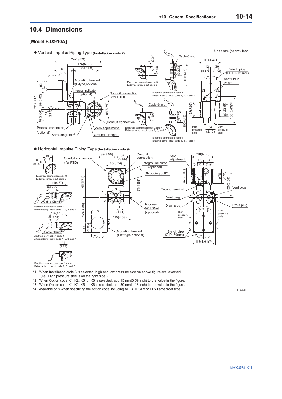 4 dimensions, Dimensions -14, Model ejx910a | General specifications, Horizontal impulse piping type, Vertical impulse piping type | Yokogawa EJX930A User Manual | Page 78 / 83