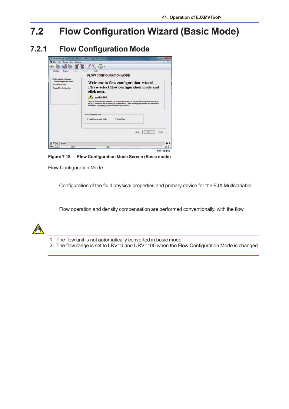 2 flow configuration wizard (basic mode), 1 flow configuration mode, Flow configuration wizard (basic mode) -18 7.2.1 | Flow configuration mode -18 | Yokogawa EJX930A User Manual | Page 111 / 163