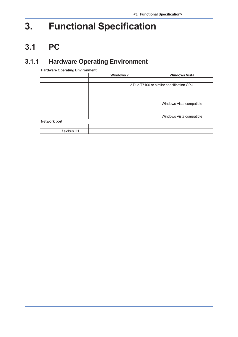 Functional specification, 1 pc, 1 hardware operating environment | Functional specification -1, Pc -1 3.1.1, Hardware operating environment -1 | Yokogawa EJX930A User Manual | Page 22 / 163