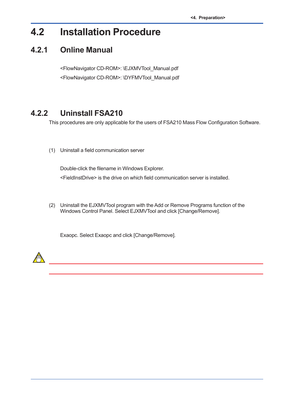 2 installation procedure, 1 online manual, 2 uninstall fsa210 | Installation procedure -2 4.2.1, Online manual -2, Uninstall fsa210 -2 | Yokogawa EJX930A User Manual | Page 31 / 163