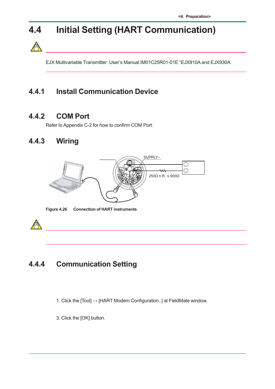 4 initial setting (hart communication), 1 install communication device, 2 com port | 3 wiring, 4 communication setting, Initial setting (hart communication) -21 4.4.1, Install communication device -21, Com port -21, Wiring -21, Communication setting -21 | Yokogawa EJX930A User Manual | Page 50 / 163