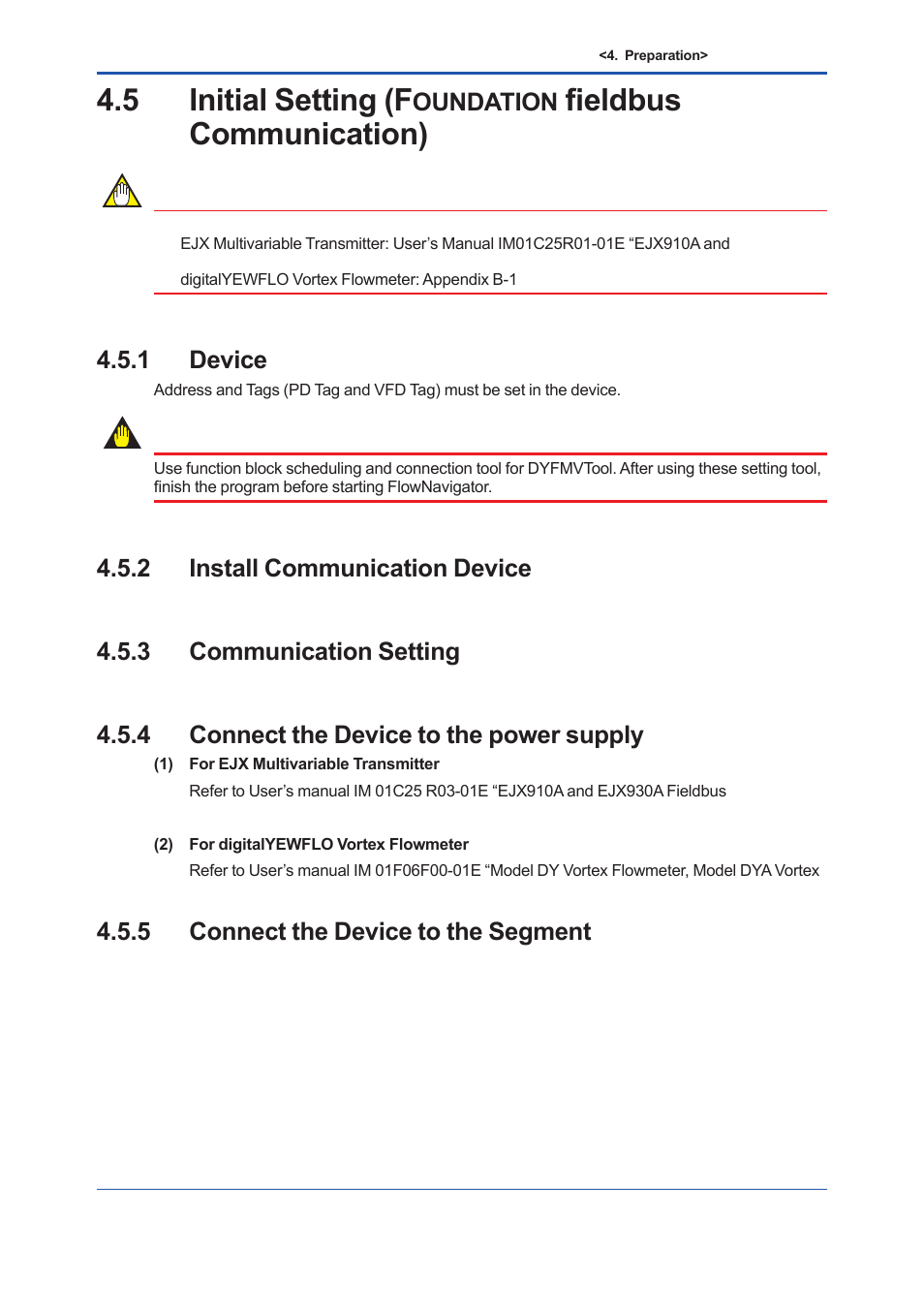 1 device, 2 install communication device, 3 communication setting | 4 connect the device to the power supply, 5 connect the device to the segment, Initial setting (f, Oundation, Fieldbus communication) -23, Device -23, Install communication device -23 | Yokogawa EJX930A User Manual | Page 52 / 163