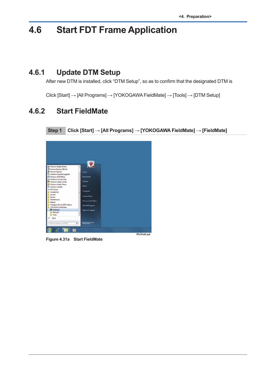 6 start fdt frame application, 1 update dtm setup, 2 start fieldmate | Start fdt frame application -25 4.6.1, Update dtm setup -25, Start fieldmate -25 | Yokogawa EJX930A User Manual | Page 54 / 163