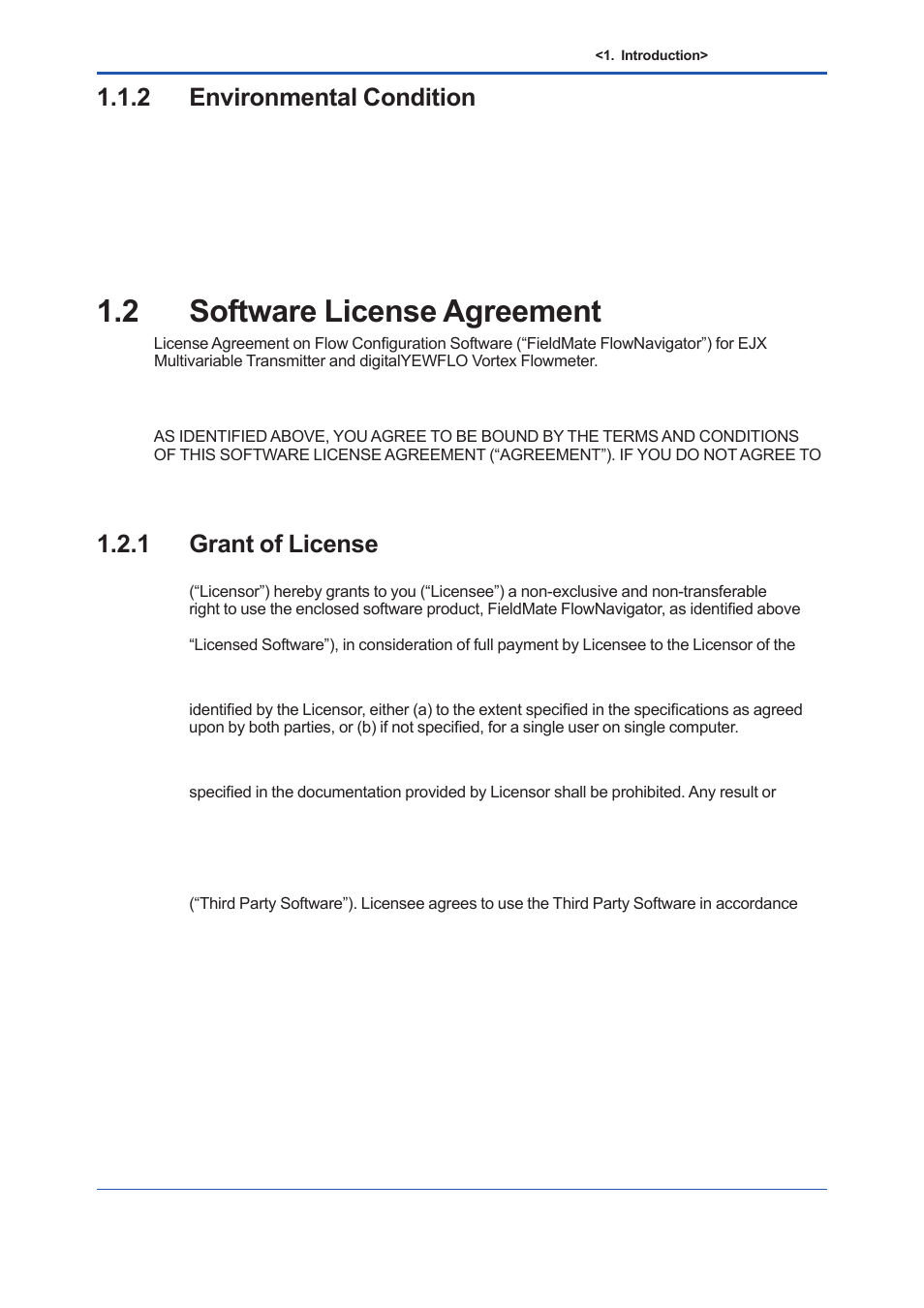 2 environmental condition, 2 software license agreement, 1 grant of license | Environmental condition -3, Software license agreement -3 1.2.1, Grant of license -3 | Yokogawa EJX930A User Manual | Page 8 / 163