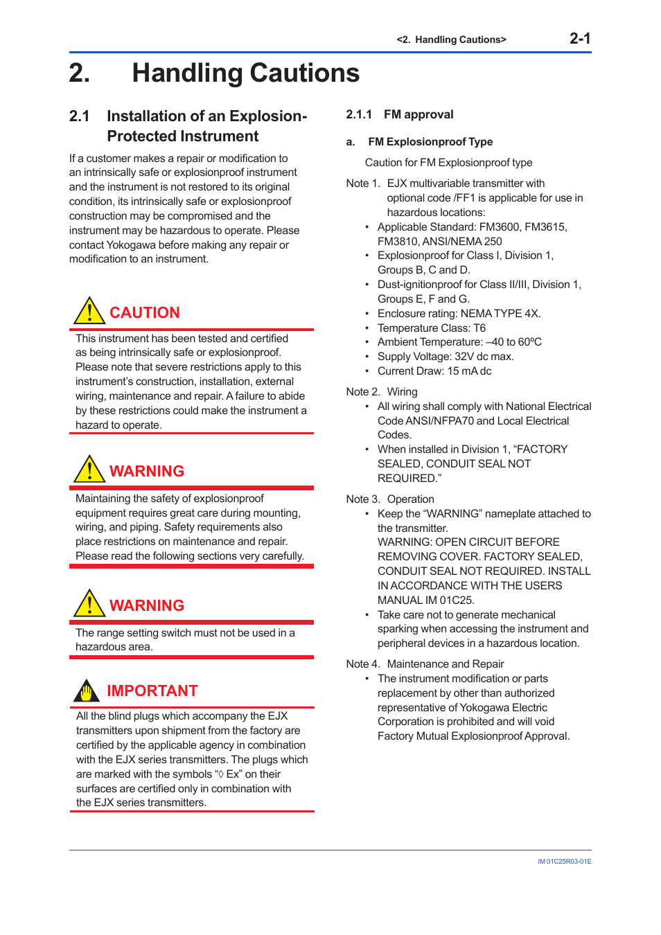Handling cautions, 1 fm approval, Handling cautions -1 | Fm approval -1, Caution, Warning, Important | Yokogawa EJX930A User Manual | Page 12 / 175