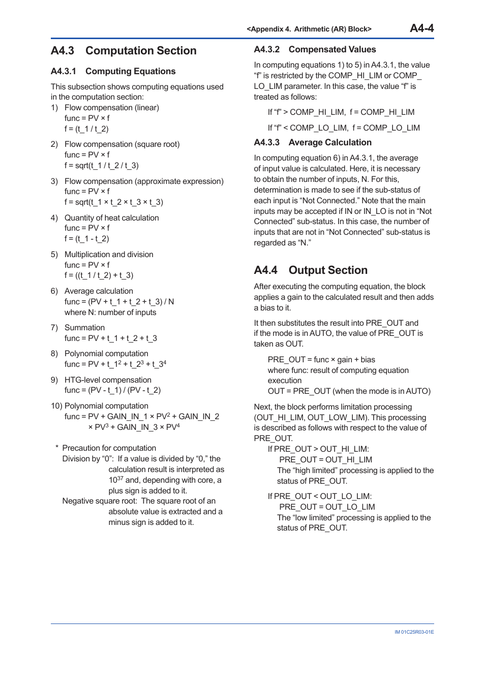 A4.3 computation section, A4.3.1 computing equations, A4.3.2 compensated values | A4.3.3 average calculation, A4.4 output section, A4.3, A4.3.2, A4.3.3, A4.4, A4-4 | Yokogawa EJX930A User Manual | Page 121 / 175