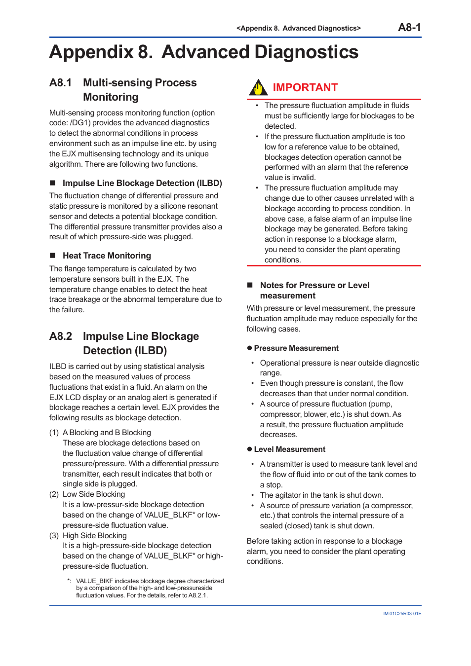Appendix 8. advanced diagnostics, A8.1 multi-sensing process monitoring, A8.2 impulse line blockage detection (ilbd) | A8.1, A8.2, A8-1, Important | Yokogawa EJX930A User Manual | Page 151 / 175