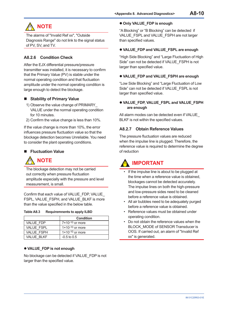 A8.2.6 condition check, A8.2.7 obtain reference values, A8.2.6 | A8.2.7, A8-10, Important | Yokogawa EJX930A User Manual | Page 160 / 175