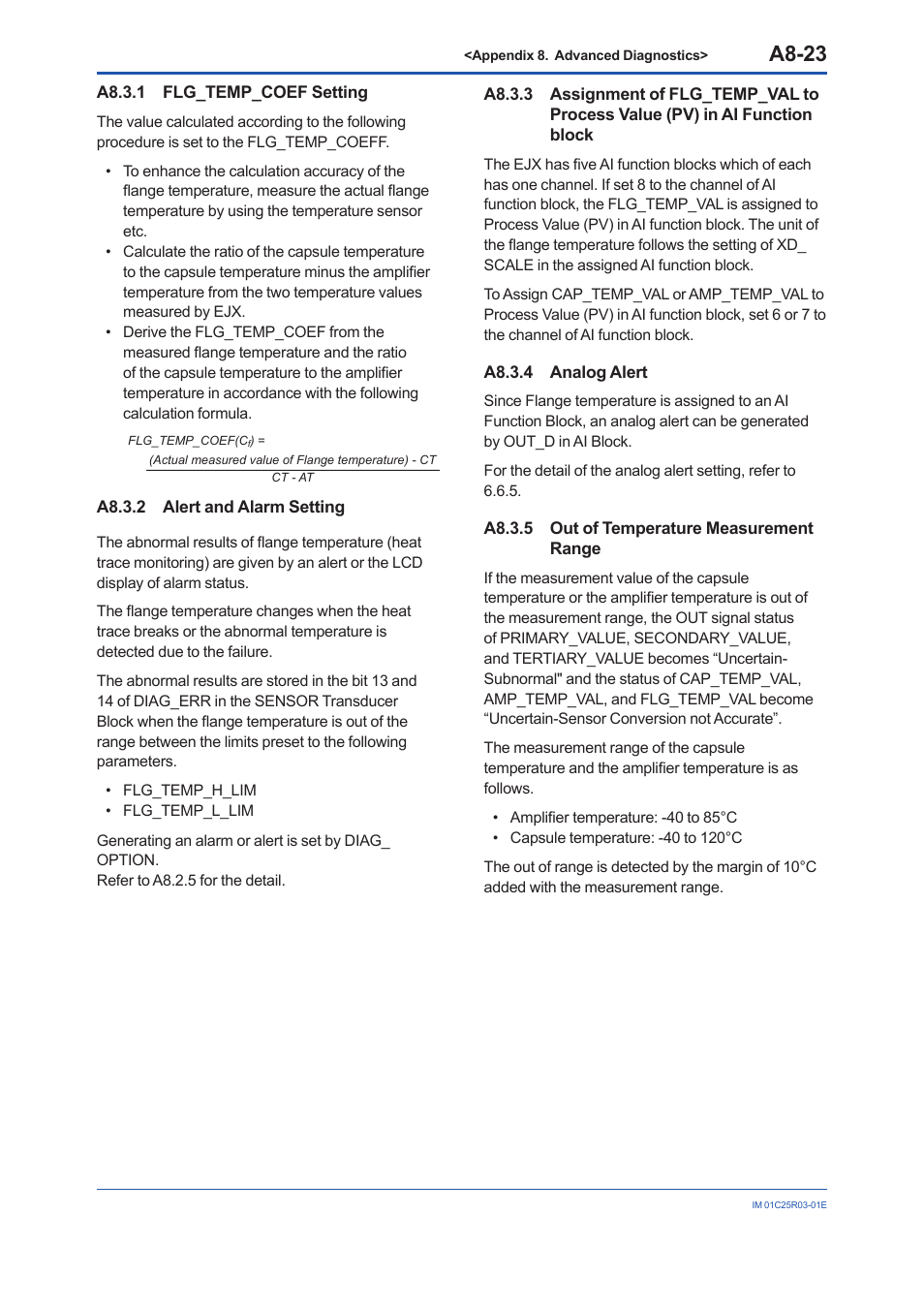 A8.3.1 flg_temp_coef setting, A8.3.2 alert and alarm setting, A8.3.4 analog alert | A8.3.5 out of temperature measurement range, A8.3.1, A8.3.2, A8.3.3, A8.3.4, A8.3.5, A8-23 | Yokogawa EJX930A User Manual | Page 173 / 175