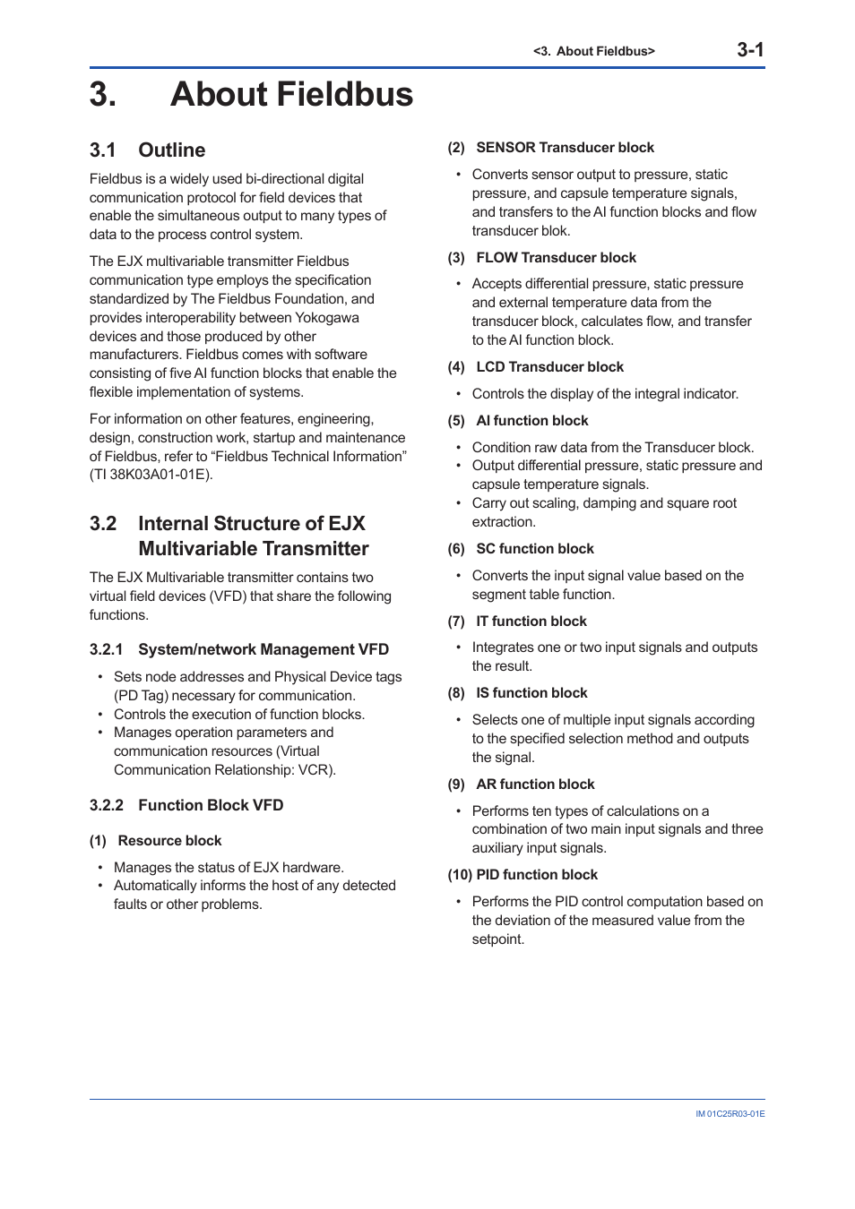 About fieldbus, 1 outline, 1 system/network management vfd | 2 function block vfd, About fieldbus -1, Outline -1, System/network management vfd -1, Function block vfd -1 | Yokogawa EJX930A User Manual | Page 22 / 175