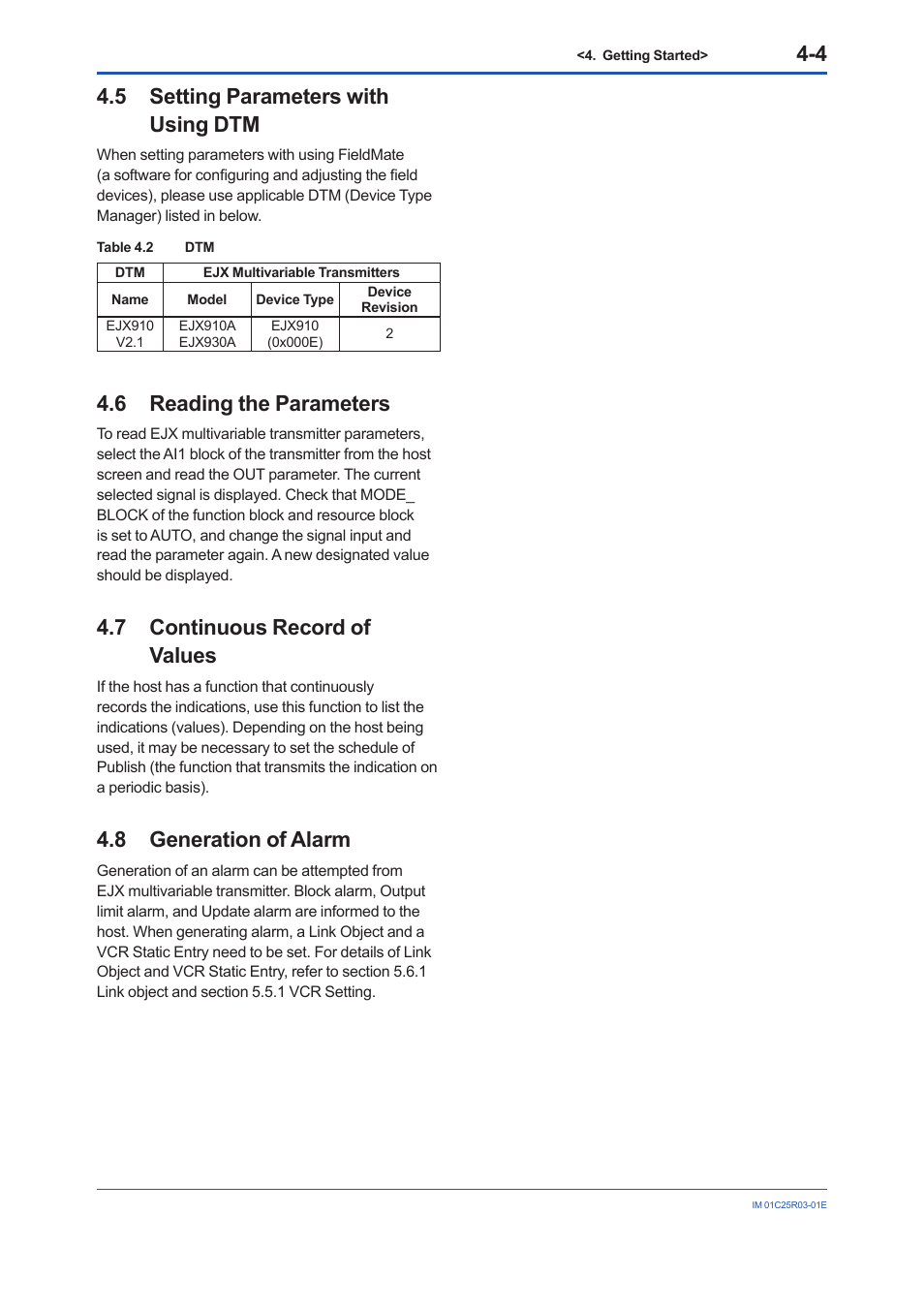 5 setting parameters with using dtm, 6 reading the parameters, 7 continuous record of values | 8 generation of alarm, Setting parameters with using dtm -4, Reading the parameters -4, Continuous record of values -4, Generation of alarm -4 | Yokogawa EJX930A User Manual | Page 27 / 175