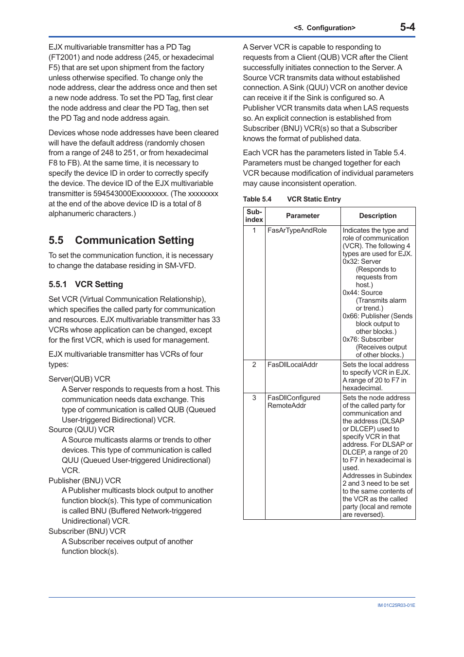 5 communication setting, 1 vcr setting, Communication setting -4 5.5.1 | Vcr setting -4 | Yokogawa EJX930A User Manual | Page 31 / 175