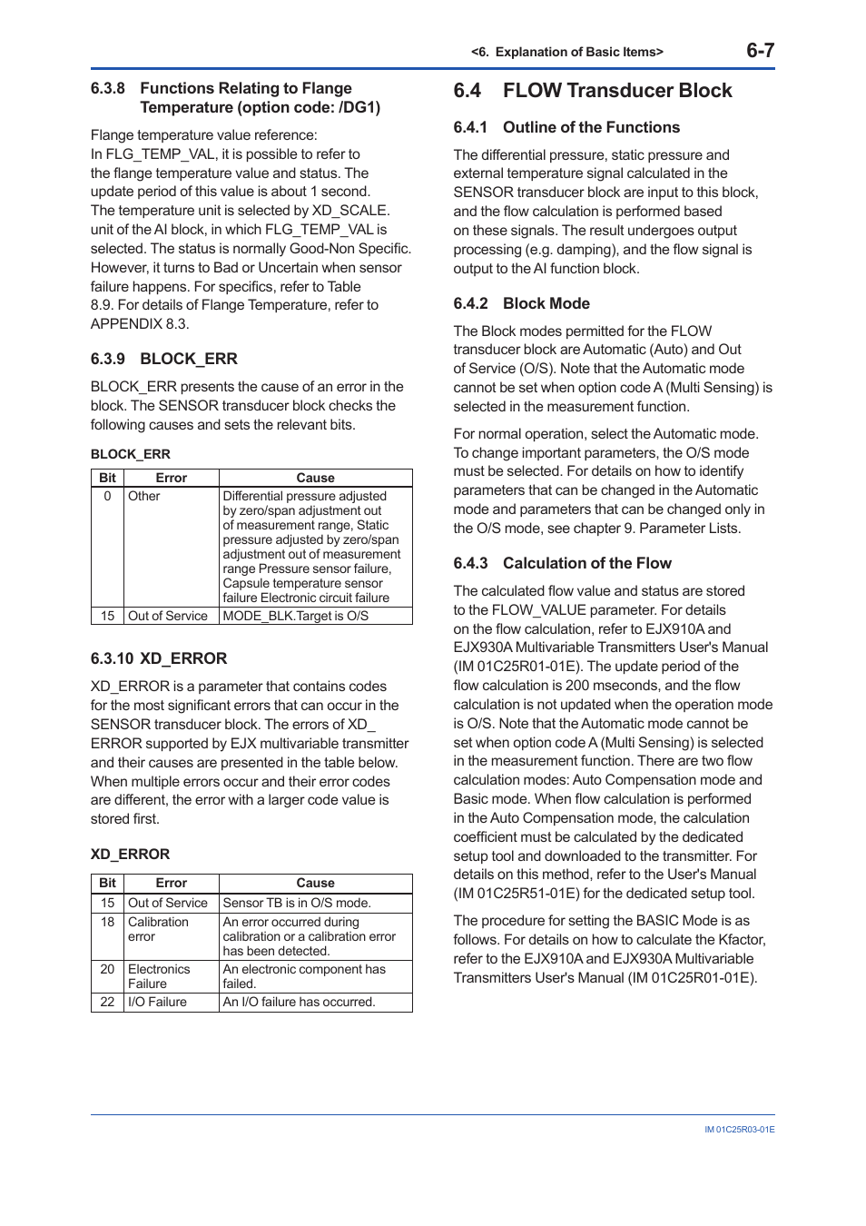 9 block_err, 10 xd_error, 4 flow transducer block | 1 outline of the functions, 2 block mode, 3 calculation of the flow, Block_err -7, Xd_error -7, Flow transducer block -7 6.4.1, Outline of the functions -7 | Yokogawa EJX930A User Manual | Page 46 / 175