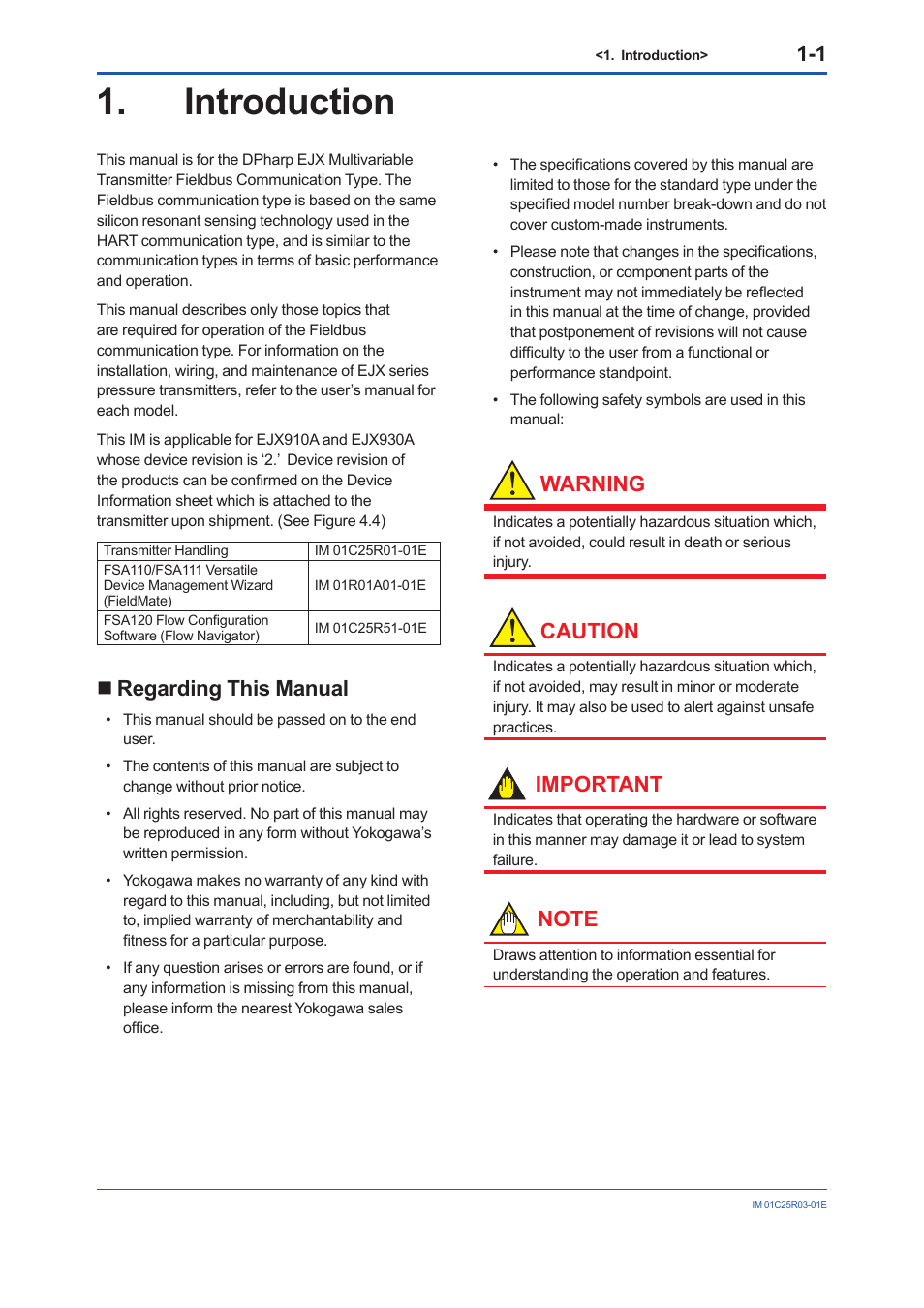 Introduction, Regarding this manual, Introduction -1 | Regarding this manual -1, Warning, Caution, Important | Yokogawa EJX930A User Manual | Page 8 / 175