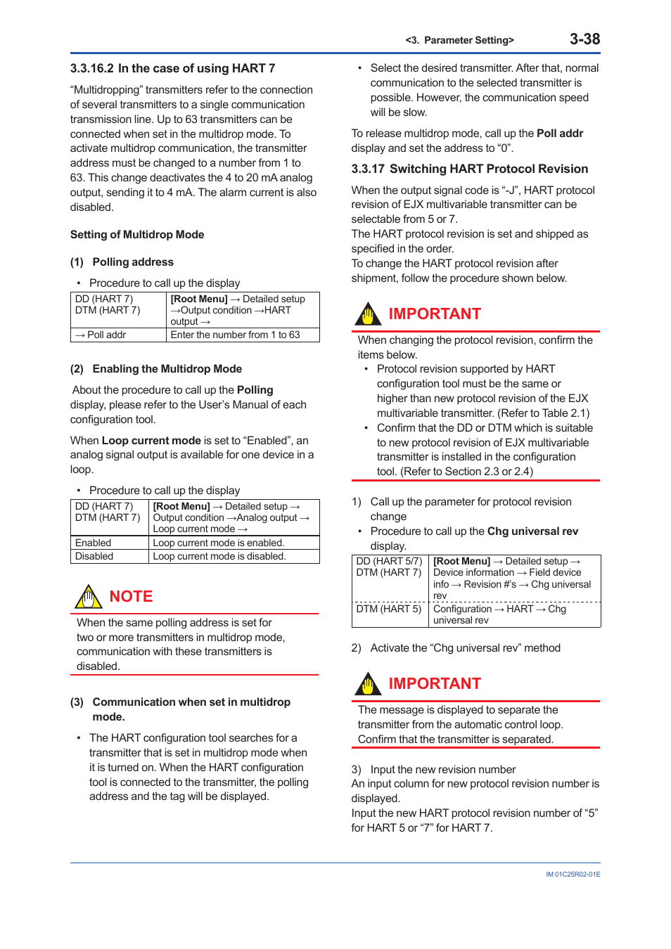 2 in the case of using hart 7, 17 switching hart protocol revision, 2 in the case of using hart 7 -38 | Switching hart protocol revision -38, Important | Yokogawa EJX930A User Manual | Page 49 / 103