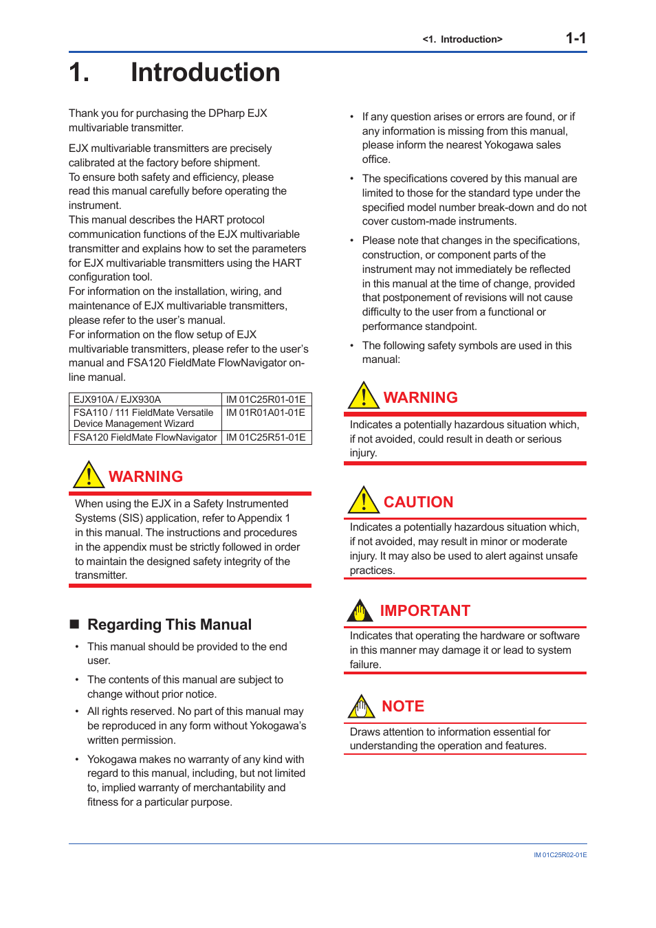 Introduction, Regarding this manual, Introduction -1 | Regarding this manual -1, Warning, Caution, Important | Yokogawa EJX930A User Manual | Page 5 / 103