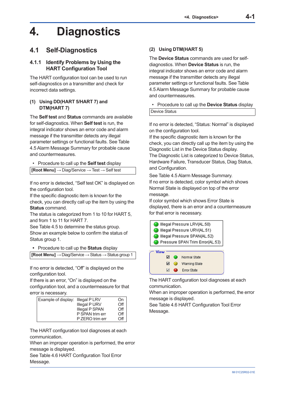 Diagnostics, 1 self-diagnostics, Diagnostics -1 | Self-diagnostics -1 4.1.1 | Yokogawa EJX930A User Manual | Page 51 / 103