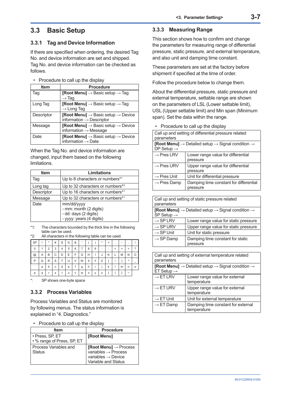 3 basic setup, 1 tag and device information, 2 process variables | 3 measuring range, Basic setup -7 3.3.1, Tag and device information -7, Process variables -7, Measuring range -7 | Yokogawa EJX930A User Manual | Page 17 / 55