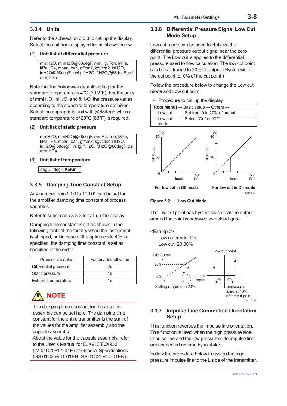 4 units, 5 damping time constant setup, 6 differential pressure signal low cut mode setup | 7 impulse line connection orientation setup, Units -8, Damping time constant setup -8, Differential pressure signal low cut mode setup -8, Impulse line connection orientation setup -8 | Yokogawa EJX930A User Manual | Page 18 / 55