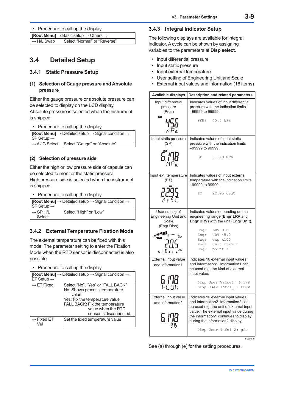 4 detailed setup, 1 static pressure setup, 2 external temperature fixation mode | 3 integral indicator setup, Detailed setup -9 3.4.1, Static pressure setup -9, External temperature fixation mode -9, Integral indicator setup -9 | Yokogawa EJX930A User Manual | Page 19 / 55