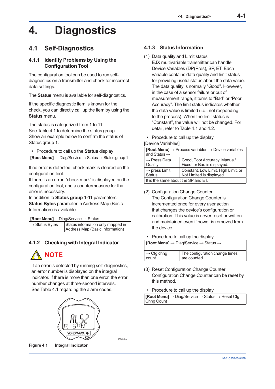 Diagnostics, 1 self-diagnostics, 2 checking with integral indicator | 3 status information, Diagnostics -1, Self-diagnostics -1 4.1.1, Checking with integral indicator -1, Status information -1 | Yokogawa EJX930A User Manual | Page 26 / 55
