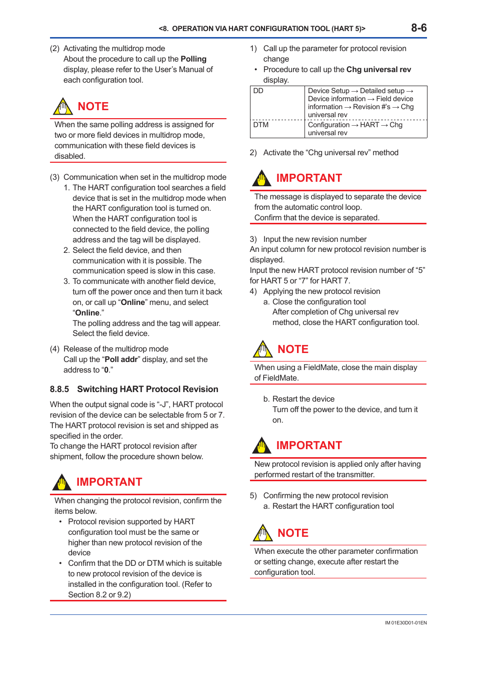 5 switching hart protocol revision, Switching hart protocol revision -6, Important | Yokogawa ADMAG AXR User Manual | Page 108 / 194