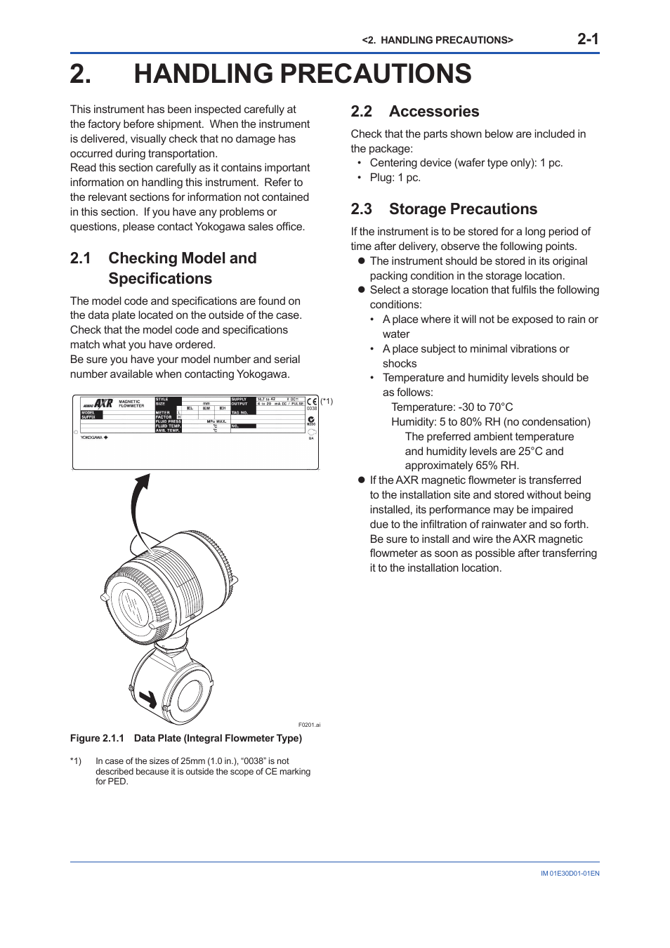 Handling precautions, 1 checking model andspecifications, 2 accessories | 3 storage precautions, Handling precautions -1, Checking model and specifications -1, Accessories -1, Storage precautions -1, 1 checking model and specifications | Yokogawa ADMAG AXR User Manual | Page 11 / 194