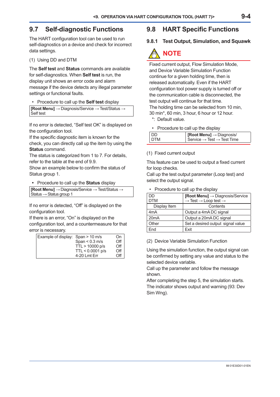 7 self-diagnostic functions, 8 hart specific functions, 1 test output, simulation, and squawk | Self-diagnostic functions -4, Hart specific functions -4 9.8.1, Test output, simulation, and squawk -4 | Yokogawa ADMAG AXR User Manual | Page 123 / 194