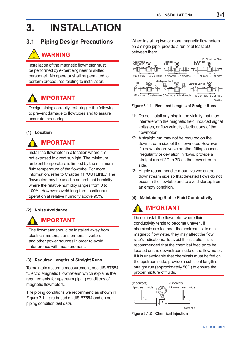 Installation, 1 piping design precautions, Installation -1 | Piping design precautions -1, 1 piping design precautions warning, Important | Yokogawa ADMAG AXR User Manual | Page 13 / 194