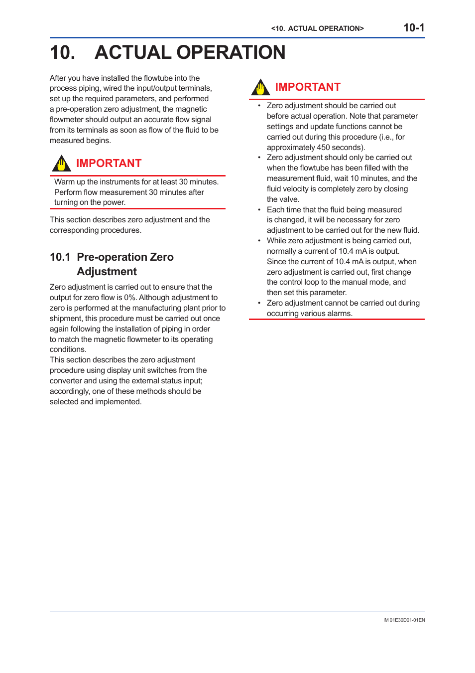 Actual operation, 1 pre-operation zeroadjustment, Actual operation -1 | Pre-operation zero adjustment -1, Important, 1 pre-operation zero adjustment | Yokogawa ADMAG AXR User Manual | Page 138 / 194