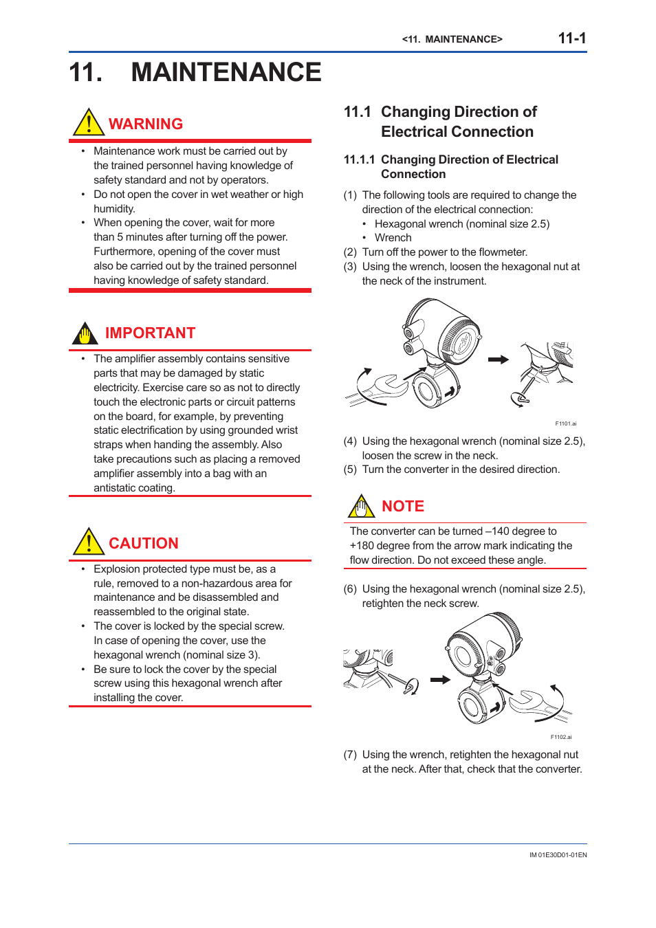 Maintenance, 1 changing direction ofelectrical connection, 1 changing direction of electricalconnection | Maintenance -1, Changing direction of electrical connection -1, Warning, Important, Caution, 1 changing direction of electrical connection | Yokogawa ADMAG AXR User Manual | Page 141 / 194