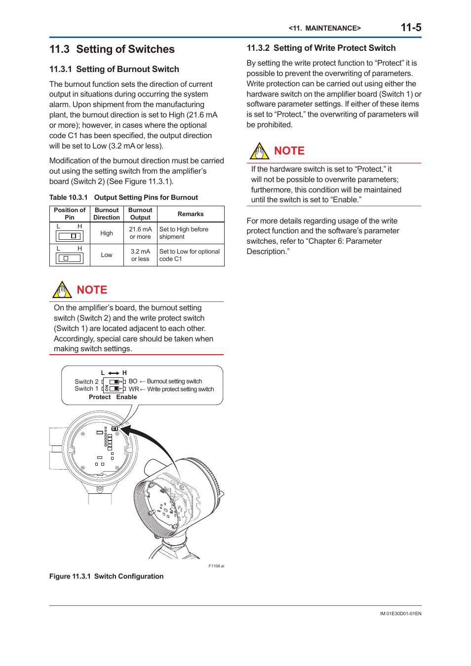 3 setting of switches, 1 setting of burnout switch, 2 setting of write protect switch | Setting of switches -5 11.3.1, Setting of burnout switch -5, Setting of write protect switch -5 | Yokogawa ADMAG AXR User Manual | Page 145 / 194