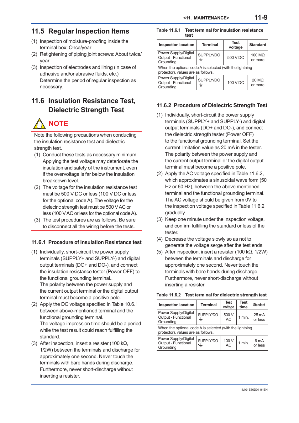 5 regular inspection items, 1 procedure of insulation resistance test, 2 procedure of dielectric strength test | Regular inspection items -9, Procedure of insulation resistance test -9, Procedure of dielectric strength test -9 | Yokogawa ADMAG AXR User Manual | Page 149 / 194