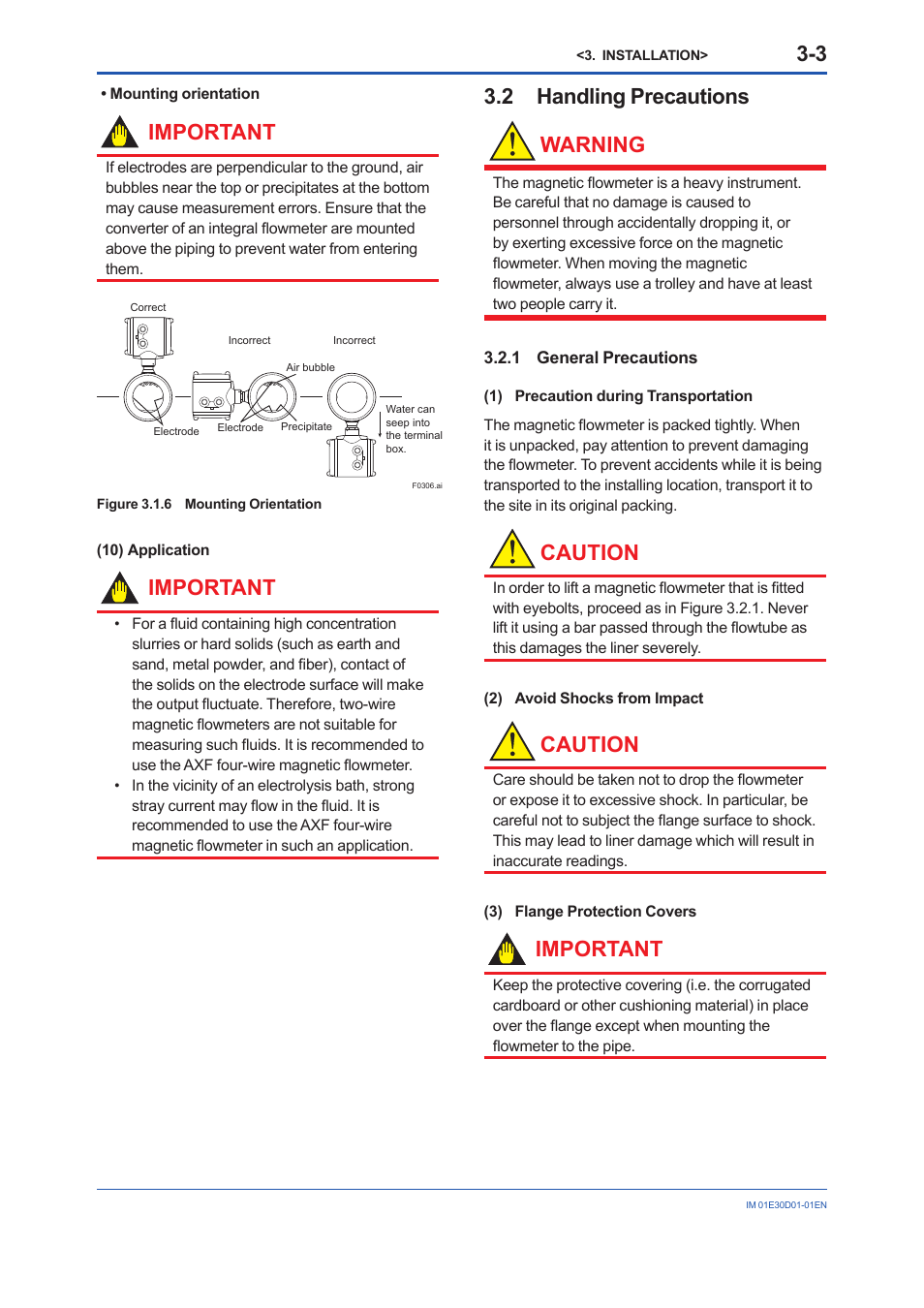 2 handling precautions, 1 general precautions, Handling precautions -3 3.2.1 | General precautions -3, Important, 2 handling precautions warning, Caution | Yokogawa ADMAG AXR User Manual | Page 15 / 194