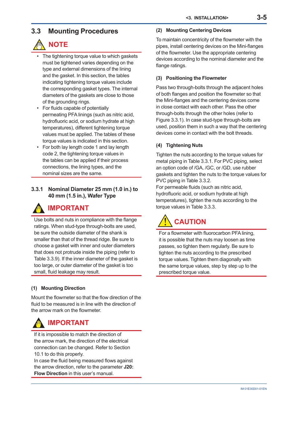 3 mounting procedures, Mounting procedures -5 3.3.1, Important | Caution | Yokogawa ADMAG AXR User Manual | Page 17 / 194