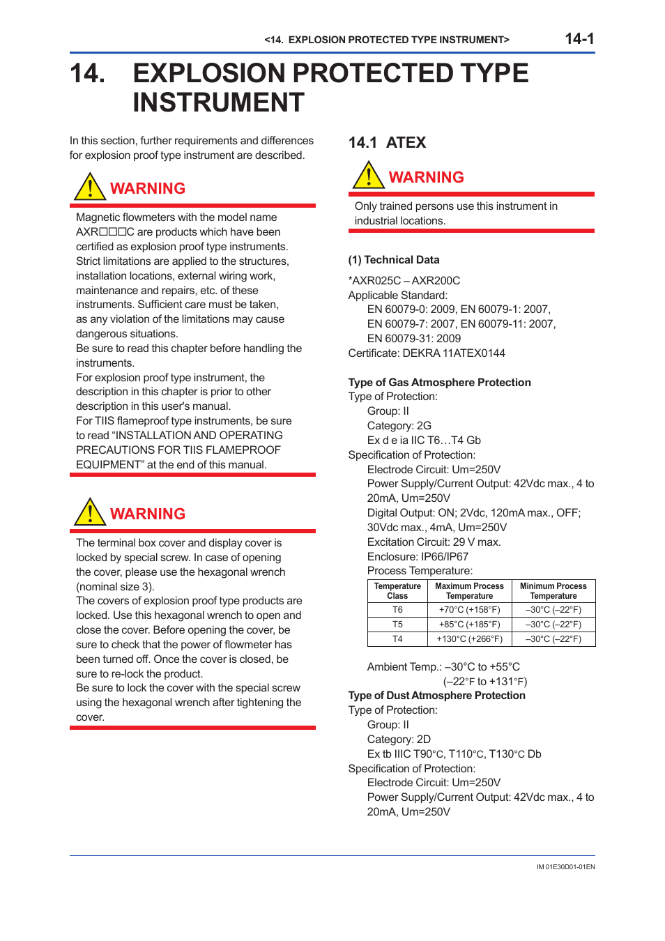 Explosion protected typeinstrument, 1 atex, Explosion protected type instrument -1 | Atex -1, Explosion protected type instrument, Warning, 1 atex warning | Yokogawa ADMAG AXR User Manual | Page 178 / 194