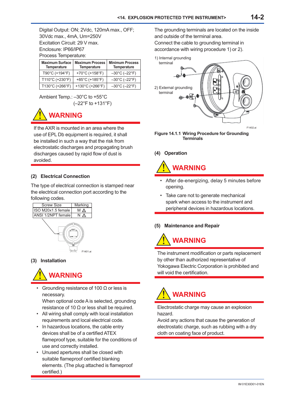 Warning | Yokogawa ADMAG AXR User Manual | Page 179 / 194