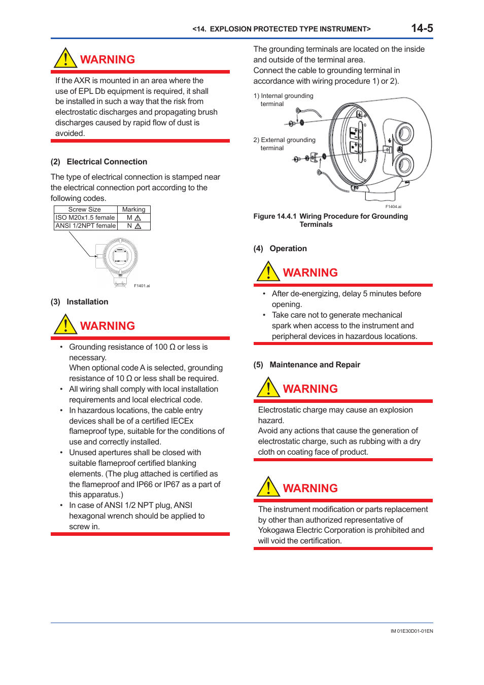 Warning | Yokogawa ADMAG AXR User Manual | Page 182 / 194