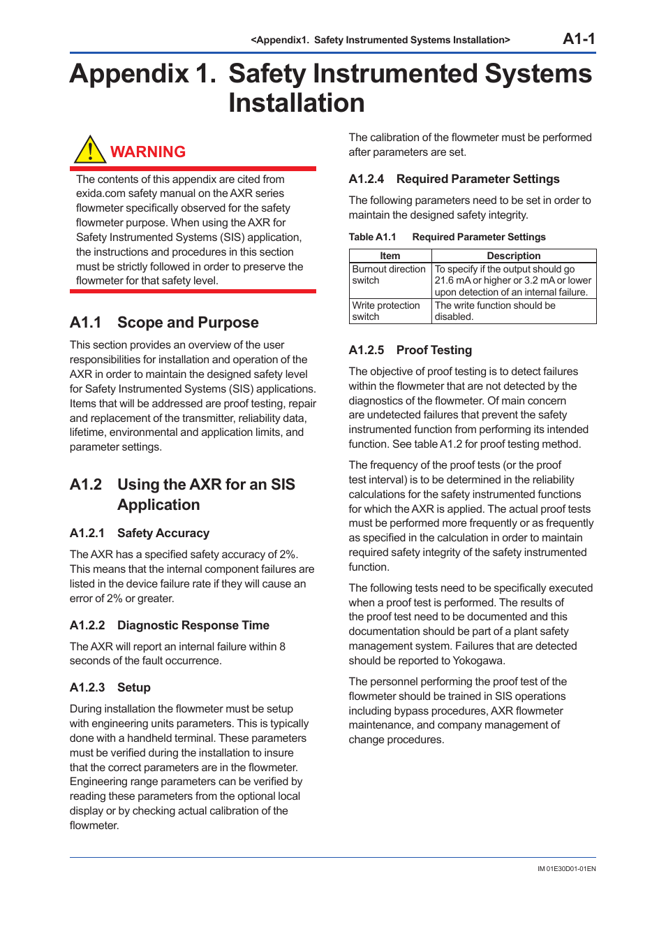 A1.1 scope and purpose, A1.2 using the axr for an sisapplication, A1.2.1 safety accuracy | A1.2.2 diagnostic response time, A1.2.3 setup, A1.2.4 required parameter settings, A1.2.5 proof testing, A1.1, A1.2, A1.2.2 | Yokogawa ADMAG AXR User Manual | Page 186 / 194