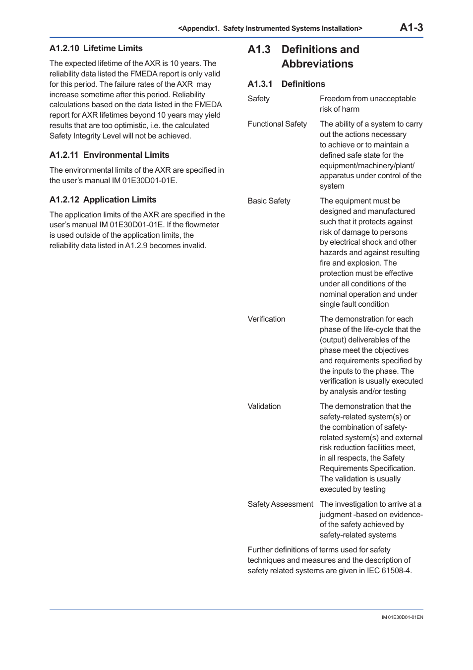 A1.2.10 lifetime limits, A1.2.11 environmental limits, A1.2.12 application limits | A1.3 definitions andabbreviations, A1.3.1 definitions, A1.3, A1-3, A1.3 definitions and abbreviations | Yokogawa ADMAG AXR User Manual | Page 188 / 194