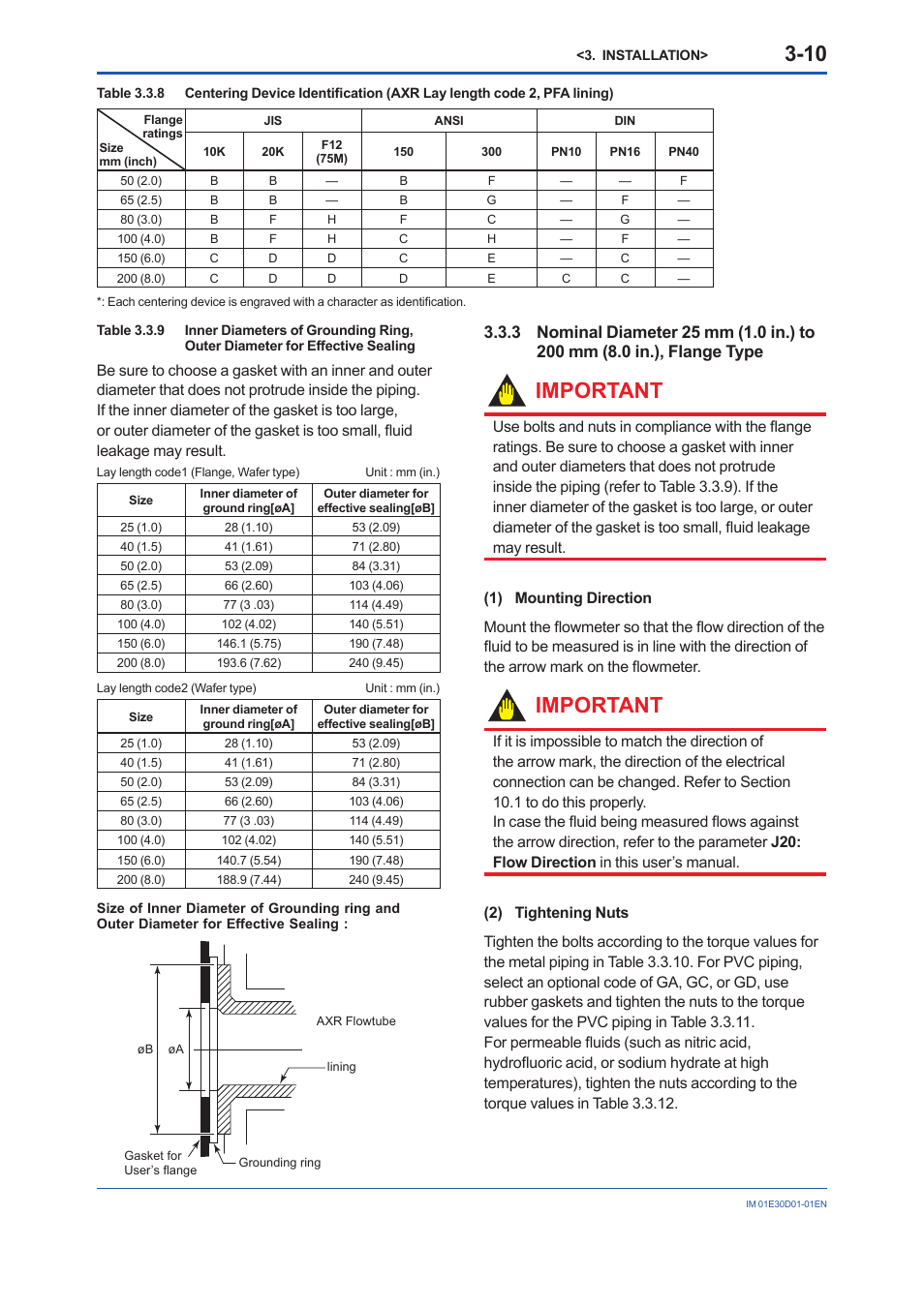 Flange type -10, Important | Yokogawa ADMAG AXR User Manual | Page 22 / 194