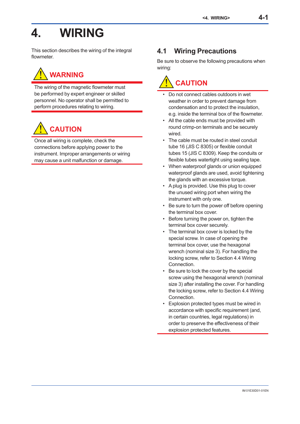 Wiring, 1 wiring precautions, Wiring -1 | Wiring precautions -1, Warning, Caution | Yokogawa ADMAG AXR User Manual | Page 25 / 194