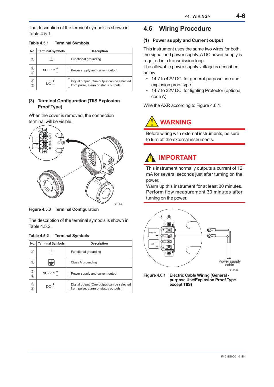 6 wiring procedure, Wiring procedure -6, Warning | Important | Yokogawa ADMAG AXR User Manual | Page 30 / 194
