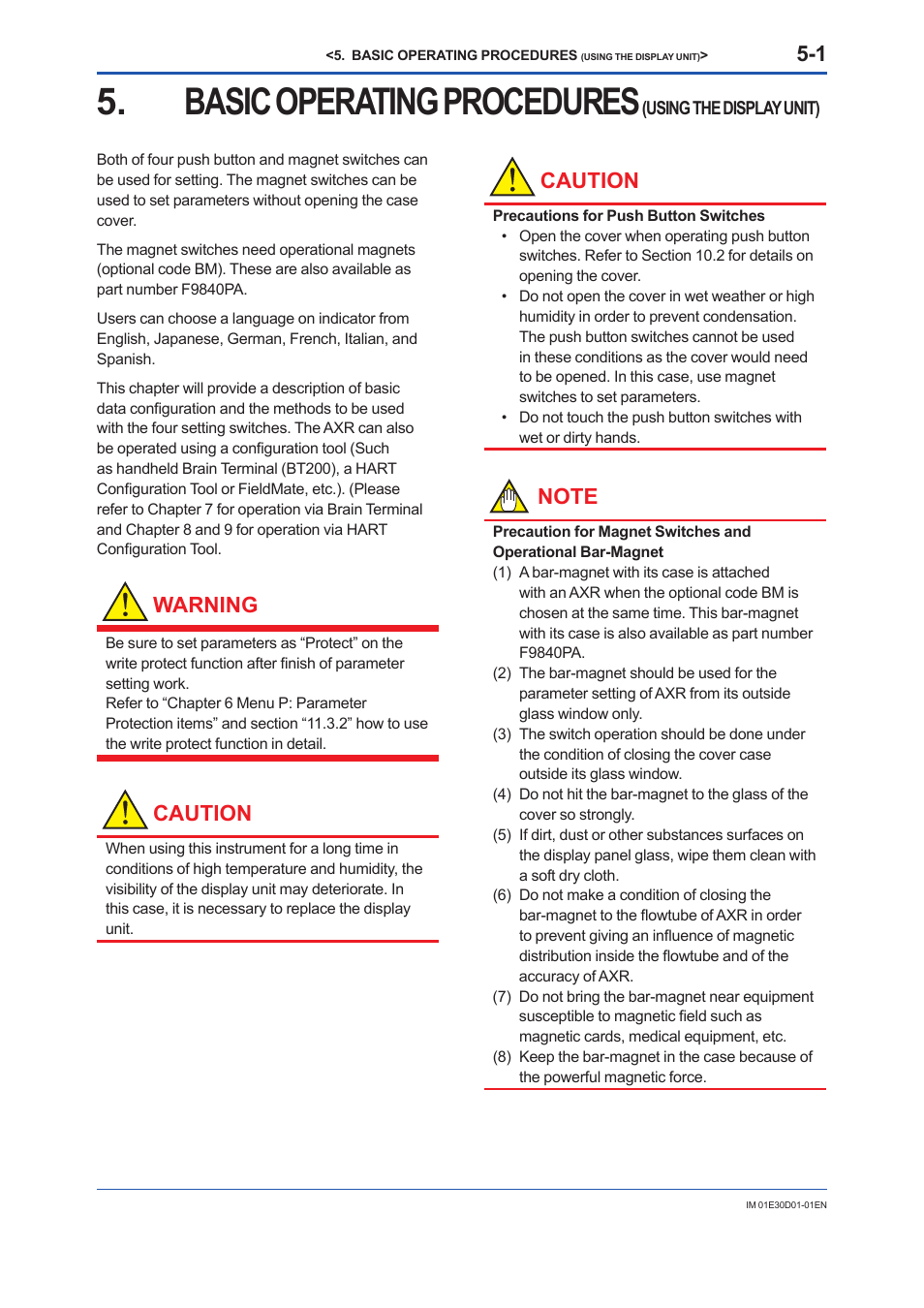Basic operating procedures, Warning, Caution | Yokogawa ADMAG AXR User Manual | Page 40 / 194