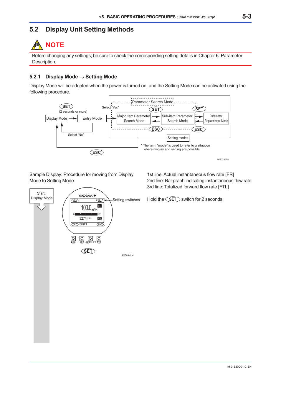 2 display unit setting methods, 1 display mode → setting mode, Display unit setting methods -3 5.2.1 | Display mode → setting mode -3, Switch for 2 seconds | Yokogawa ADMAG AXR User Manual | Page 42 / 194