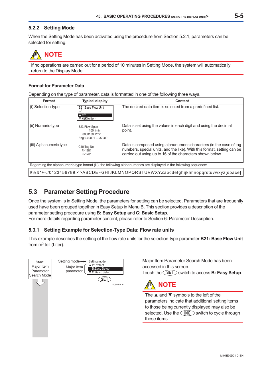 2 setting mode, 3 parameter setting procedure, Setting mode -5 | Parameter setting procedure -5 5.3.1 | Yokogawa ADMAG AXR User Manual | Page 44 / 194